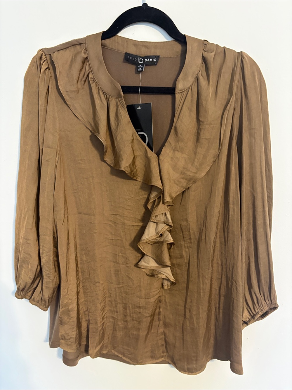 Fred David Taupe Ruffle-Front Women's Blouse